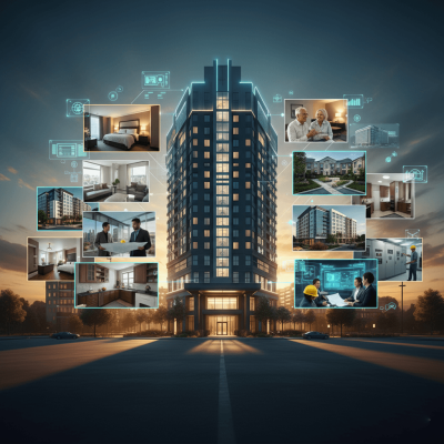 Modern commercial building with a collage of images representing L&M Construction's services: hotel renovations, senior living apartments, building construction, project management, and maintenance. Illustrates complete construction solutions.