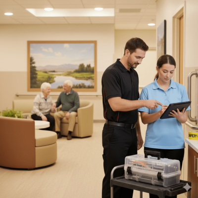 Profissionais de construção com uniformes pretos e vermelhos revisando planos digitais em uma instalação de cuidados de memória, com idosos ao fundo. A fita de segurança amarela na bancada simboliza os protocolos especializados da L&M Construction para ambientes sensíveis, incluindo procedimentos de segurança e coordenação de equipe.