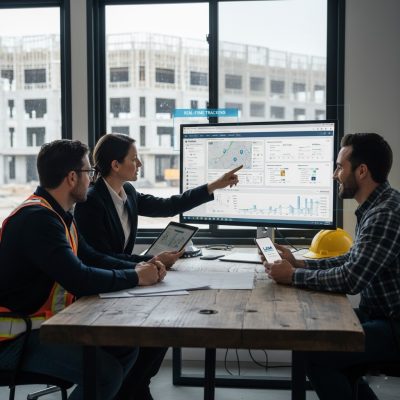 Equipe de gerenciamento de projetos revisando um dashboard de rastreamento em tempo real (Procore) em um escritório moderno com canteiro de obras ao fundo. Ilustra o gerenciamento de projetos baseado em tecnologia.