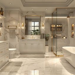 Remodeled bathroom featuring large beige tile, tempered glass shower enclosure, recessed ceiling lights, and integrated mirror light.