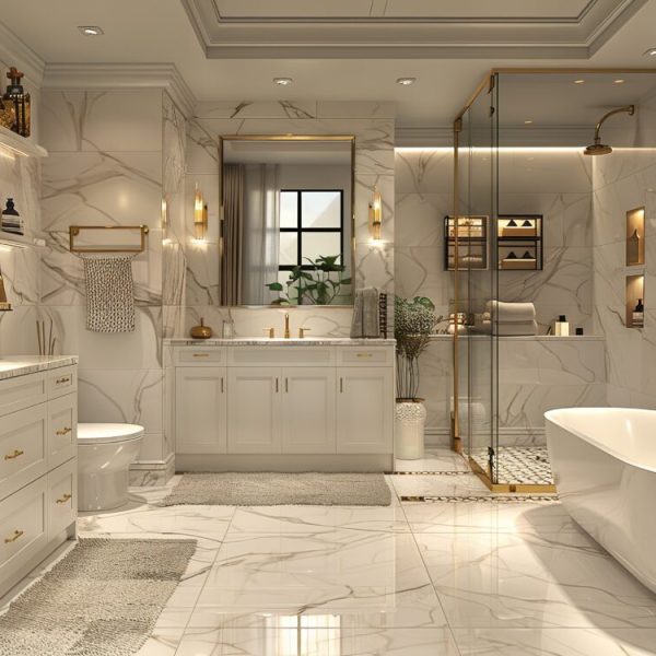 Remodeled bathroom featuring large beige tile, tempered glass shower enclosure, recessed ceiling lights, and integrated mirror light.