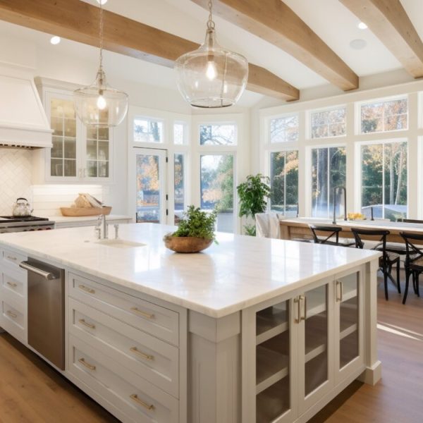 Spacious kitchen featuring striped bar stools, wrought iron pendant lights, and architectural ceiling details.